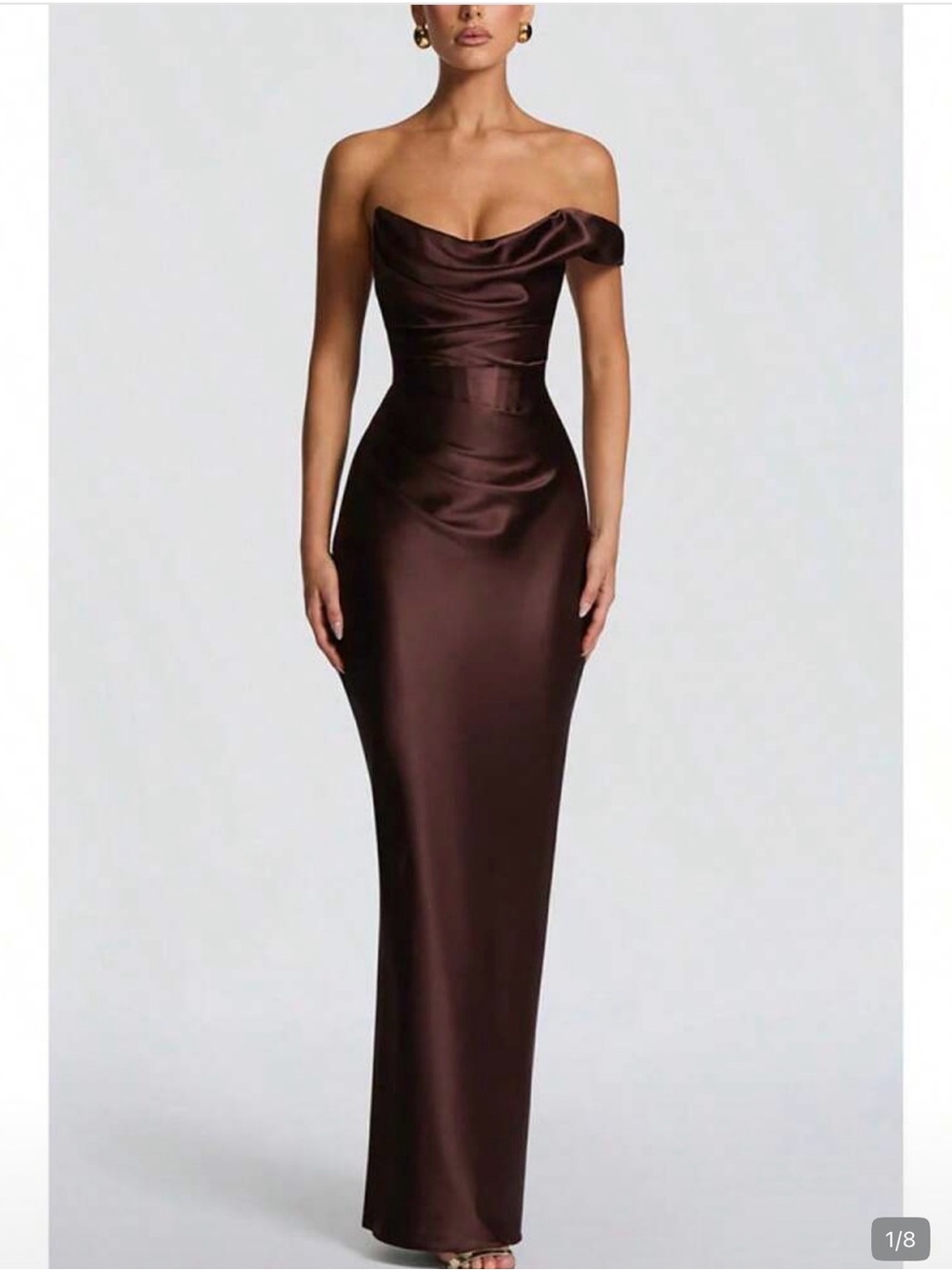 Off-Shoulder Satin Evening Gown in Chocolate Brown